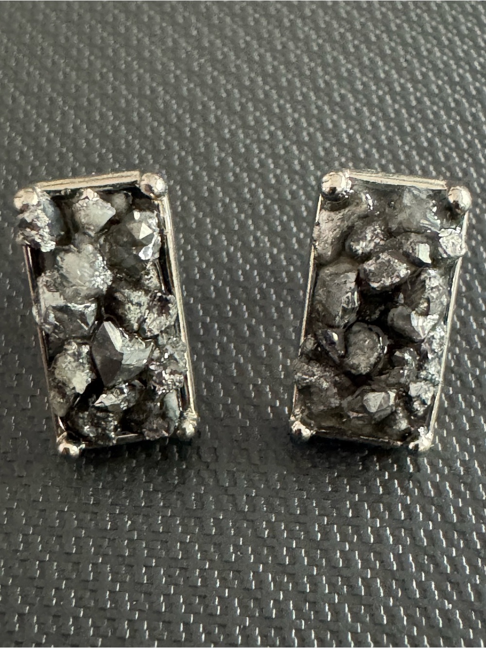 Raw Black Druzy Quartz Rectangular Prong Stud Earrings in Silver tone